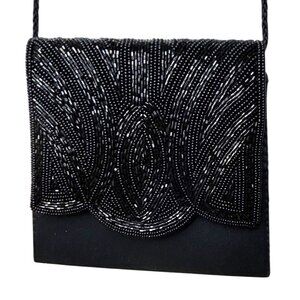 Y2K Vintage Black Beaded Satin Classy Evening Bag Magnetic Closure Rope Strap